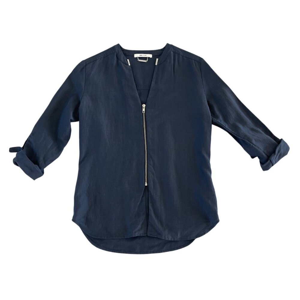 AMS Pure Blue Linen Silk Zipper Womens Top Roll Tab Sleeve US 6 Spain Minimalist